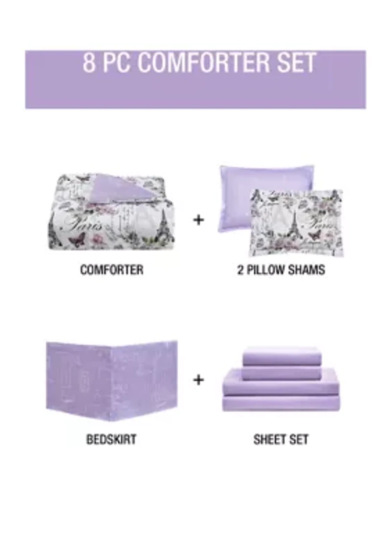 Paris Floral Lilac Ultra Soft Microfiber Reversible Comforter Set