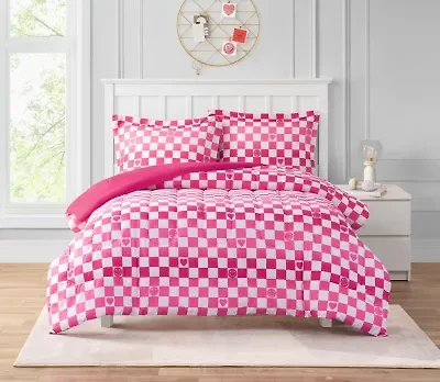 Checkerboard Hearts Hot Pink 2-3 Piece Ultra Soft Microfiber Comforter Set