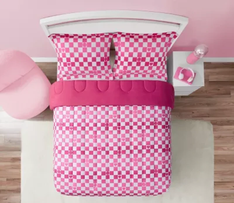 Checkerboard Hearts Hot Pink 2-3 Piece Ultra Soft Microfiber Comforter Set