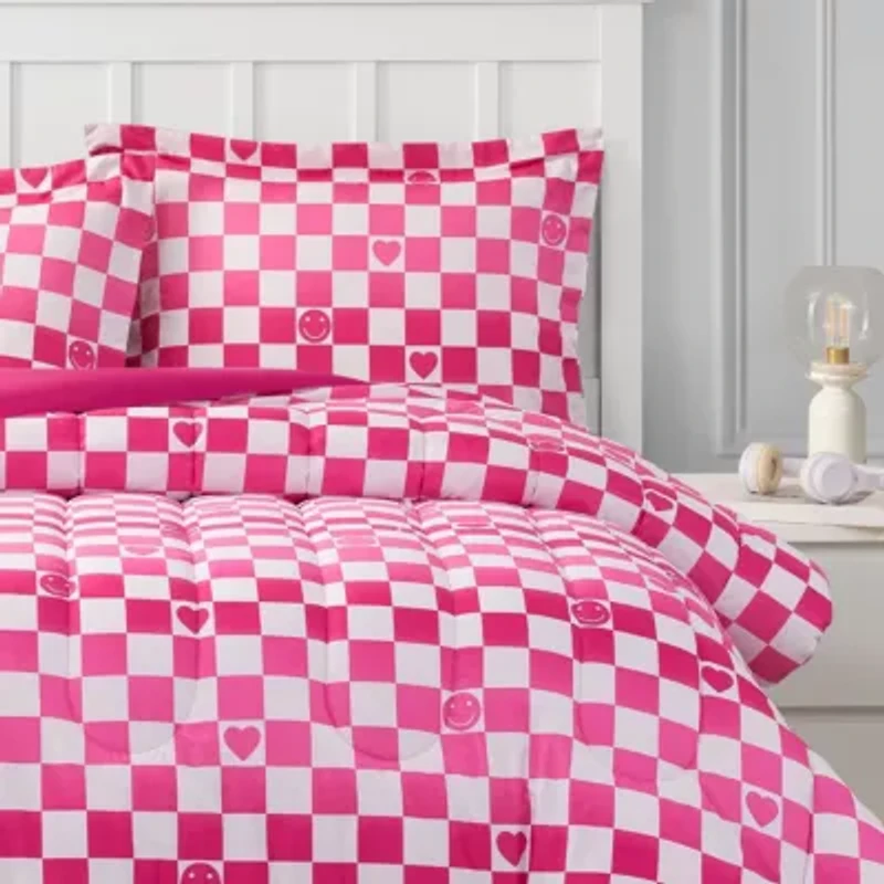 Checkerboard Hearts Hot Pink 2-3 Piece Ultra Soft Microfiber Comforter Set
