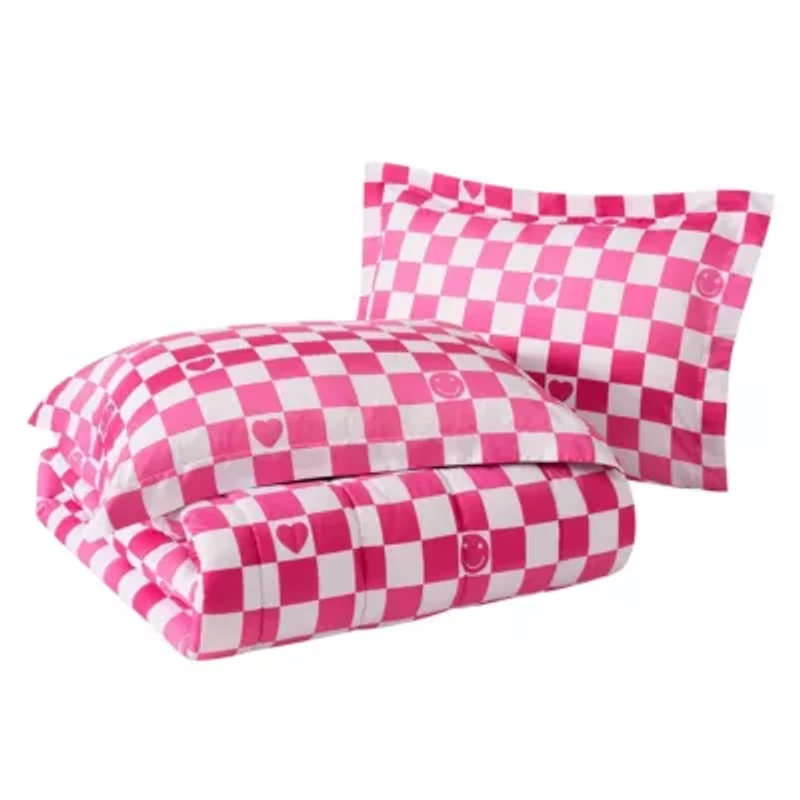 Checkerboard Hearts Hot Pink 2-3 Piece Ultra Soft Microfiber Comforter Set