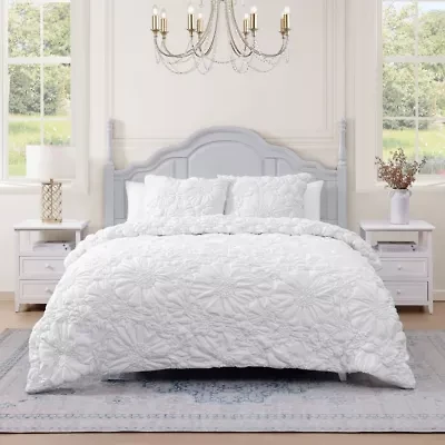 Blossom Floral White Puffy Textured Microfiber 3-piece comforter set