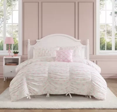 Roses and Bows Ruched Pink Embellished Girl's Microfiber 3-4 Piece Comforter Set
