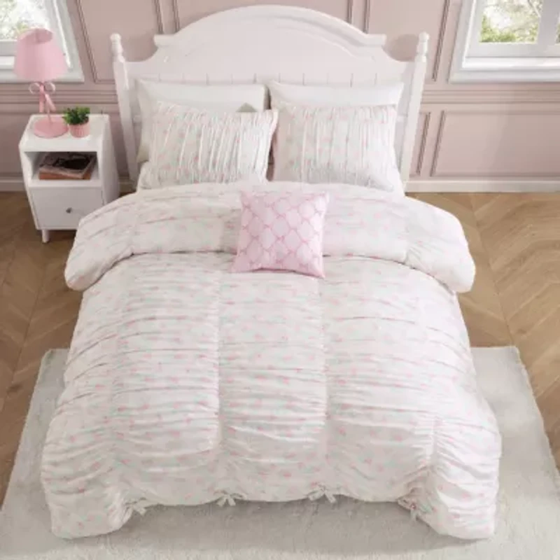 Roses and Bows Ruched Pink Embellished Girl's Microfiber 3-4 Piece Comforter Set