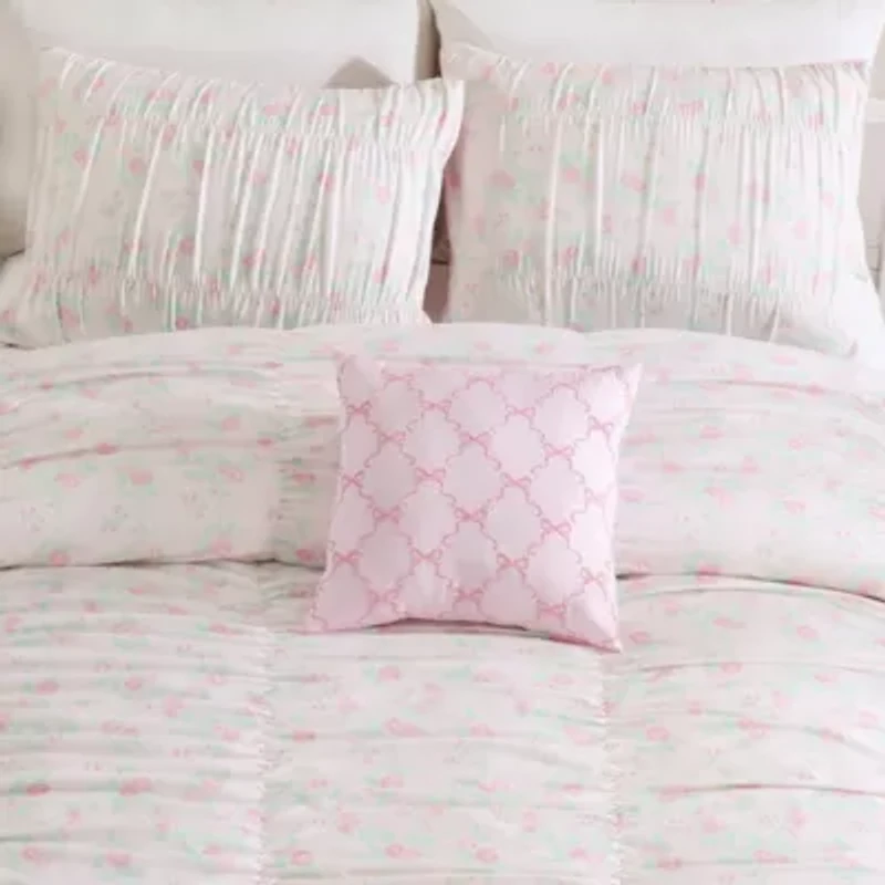 Roses and Bows Ruched Pink Embellished Girl's Microfiber 3-4 Piece Comforter Set