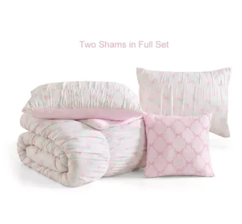 Roses and Bows Ruched Pink Embellished Girl's Microfiber 3-4 Piece Comforter Set