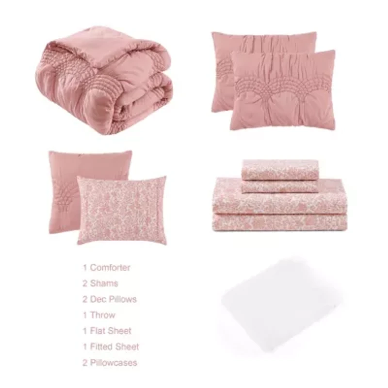 Scallop Textured Mauve 10-Piece Embellished Microfiber Comforter Set