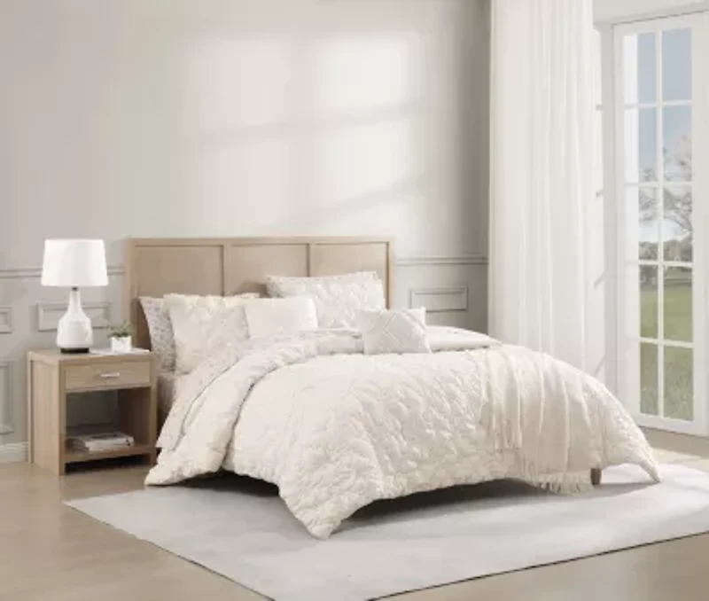 French Fancy Textured Ivory 10-Piece Embellished Microfiber Comforter Set