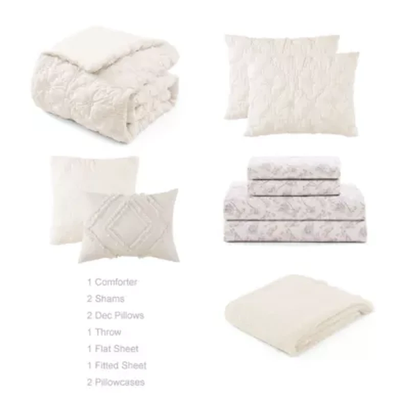 French Fancy Textured Ivory 10-Piece Embellished Microfiber Comforter Set
