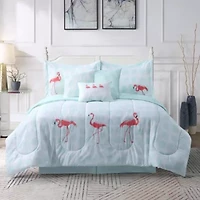 Let's Flamingo Embroidered Mint 7-Piece Comforter Set Queen