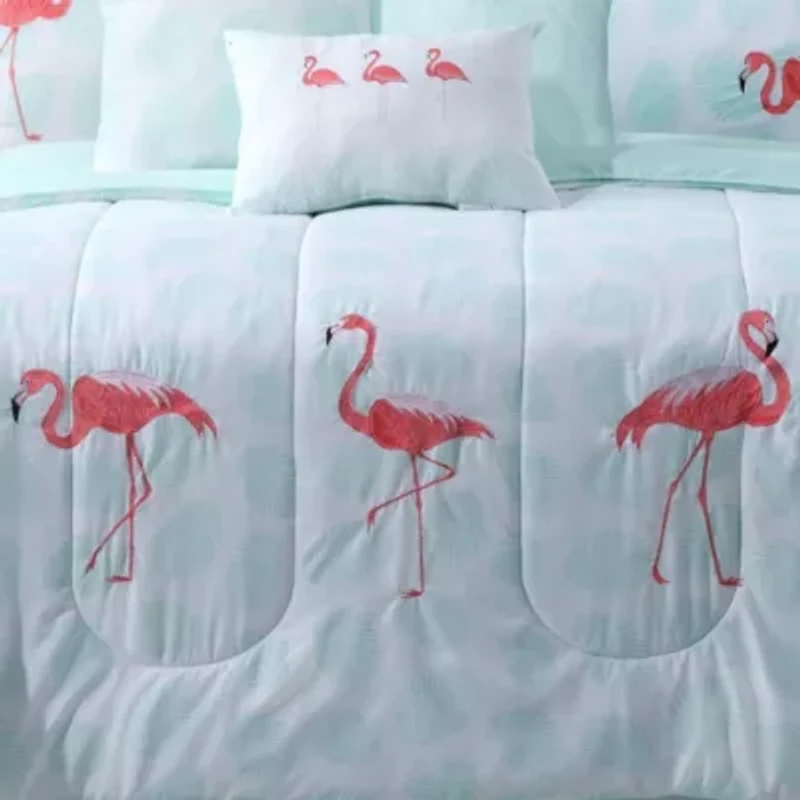 Let's Flamingo Embroidered Mint 7-Piece Comforter Set Queen