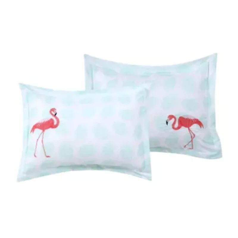 Let's Flamingo Embroidered Mint 7-Piece Comforter Set Queen