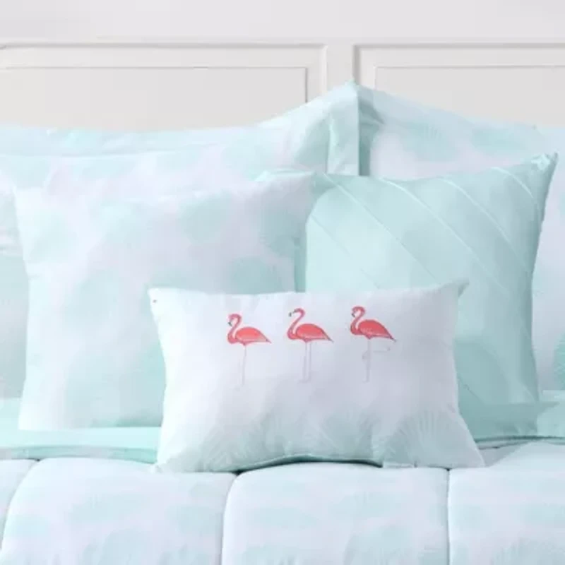 Let's Flamingo Embroidered Mint 7-Piece Comforter Set Queen