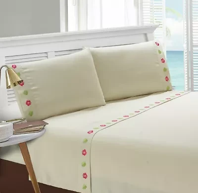 Embroidered Palms and Flowers Pillowcase Pair