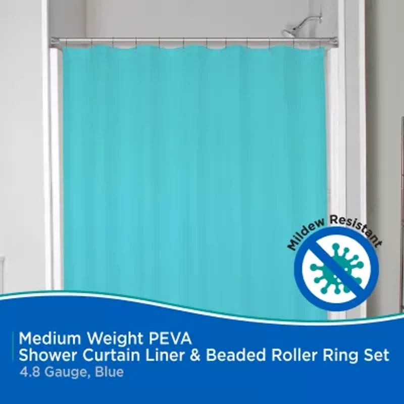 Kenney Medium Weight PEVA Shower Curtain Liner and Beaded Roller Ring Set