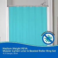 Kenney Medium Weight PEVA Shower Curtain Liner and Beaded Roller Ring Set