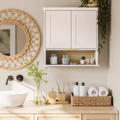 Shorewood Two-Door Wall Cabinet with Rattan Backboard – White