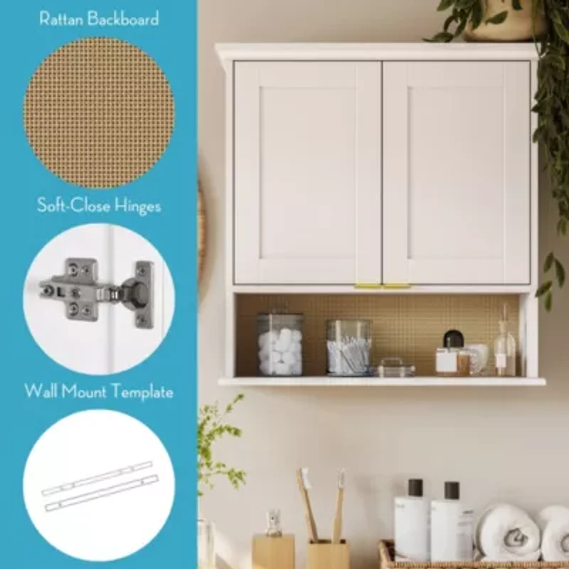 Shorewood Two-Door Wall Cabinet with Rattan Backboard – White