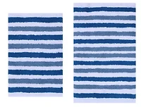 2 PC YARN DYED BATH RUG SET 17x24 & 21x34 BENGAL STRIPE OCEAN BLUE