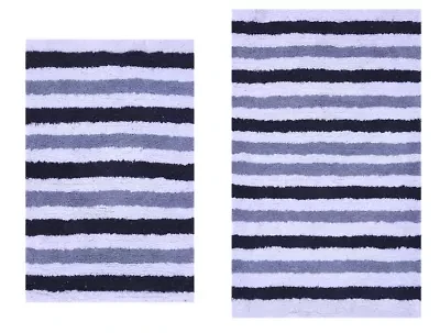 2 PC YARN DYED BATH RUG SET 17x24 & 21x34 BENGAL STRIPE GREY