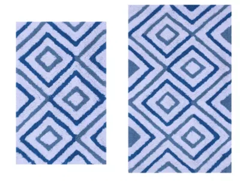 2 PC YARN DYED BATH RUG SET 17x24 & 21x34 DIAMOND BOXES OCEAN BLUE