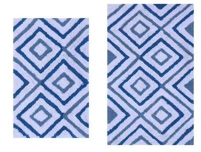 2 PC YARN DYED BATH RUG SET 17x24 & 21x34 DIAMOND BOXES OCEAN BLUE