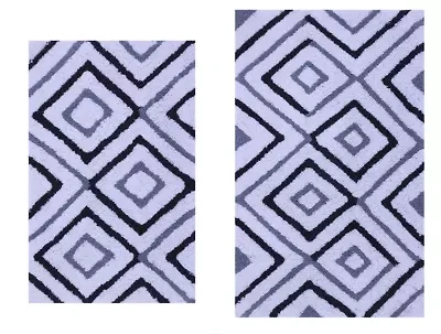 2 PC YARN DYED BATH RUG SET 17x24 & 21x34 DIAMOND BOXES GREY