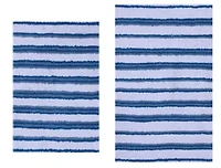 2 PC YARN DYED BATH RUG SET 17x24 & 21x34 THIN STRIPE OCEAN BLUE