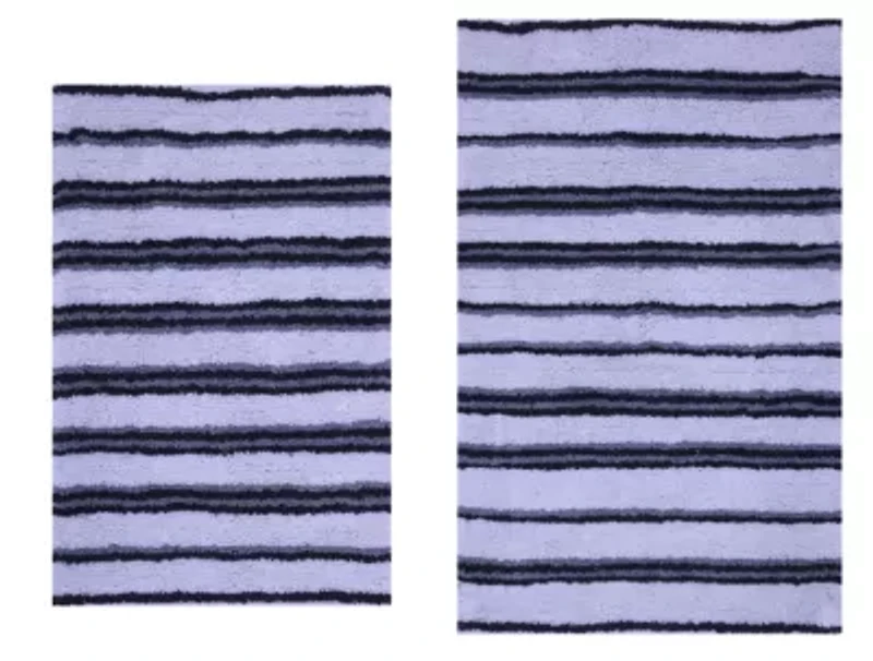 2 PC YARN DYED BATH RUG SET 17x24 & 21x34 THIN STRIPE GREY