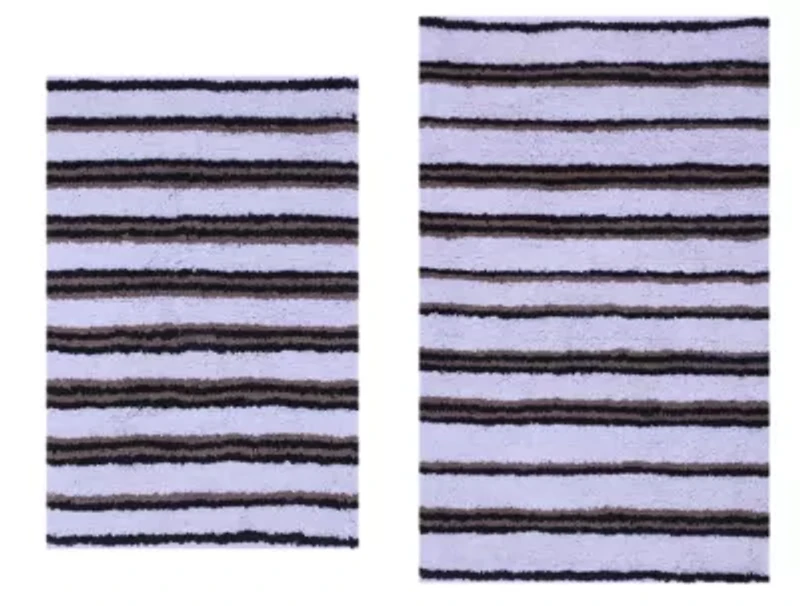 2 PC YARN DYED BATH RUG SET 17x24 & 21x34 THIN STRIPE TAN