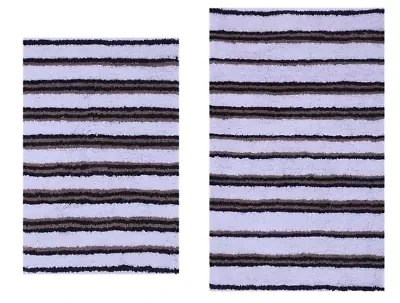 2 PC YARN DYED BATH RUG SET 17x24 & 21x34 THIN STRIPE TAN