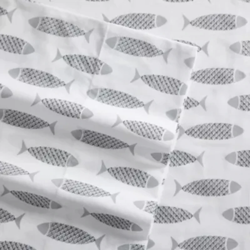 Woodblock Fish 100% Cotton Percale- 3 Piece- Sheet Set