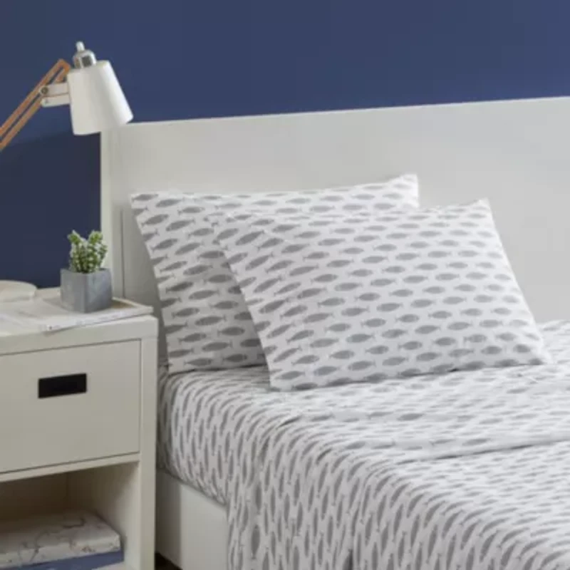 Woodblock Fish 100% Cotton Percale- 3 Piece- Sheet Set