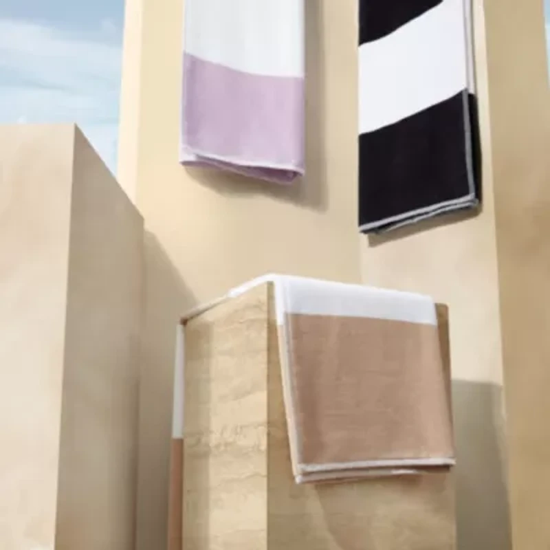 Poolside Beige Beach Towel Yarn-Dye Stripe-2 Piece