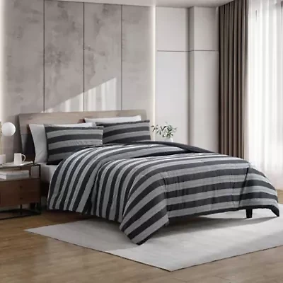 Banded Stripe Grid Microfiber Comforter Set