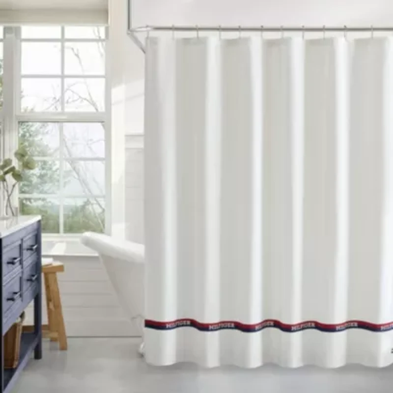 Logo Stripe Cotton Blend Shower Curtain