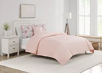 Bring serene charm to your bedroom with the Margot Mauve 5pc Comforter and Quilt Set. Delicate floral blooms in soft mauves and lavender hues are printed on silky microfiber, reversing to a soothing blush tone. Romantic, airy
