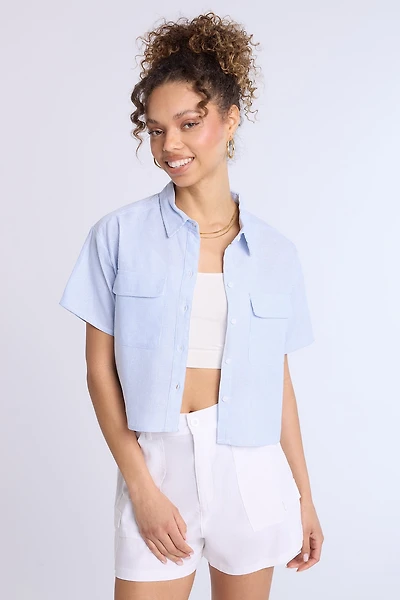 Linen-Blend Cropped Short Sleeve Button-Up Shirt