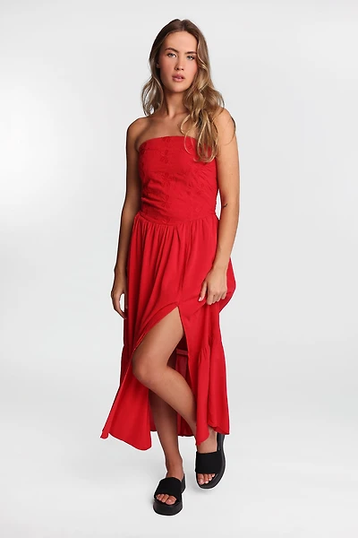 Strapless Embroidered Bustier Maxi Dress