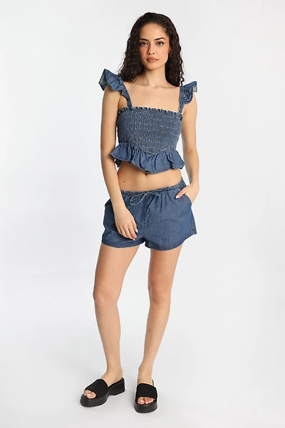 Short taille haute en chambray