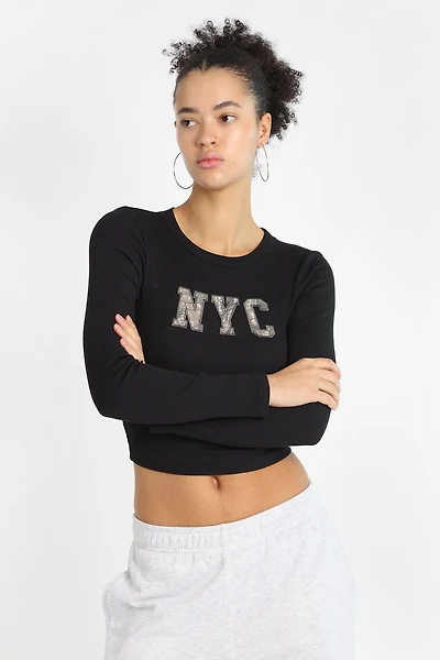 NYC Tree Camouflage Embroidered Patch Graphic Long Sleeve Baby Tee