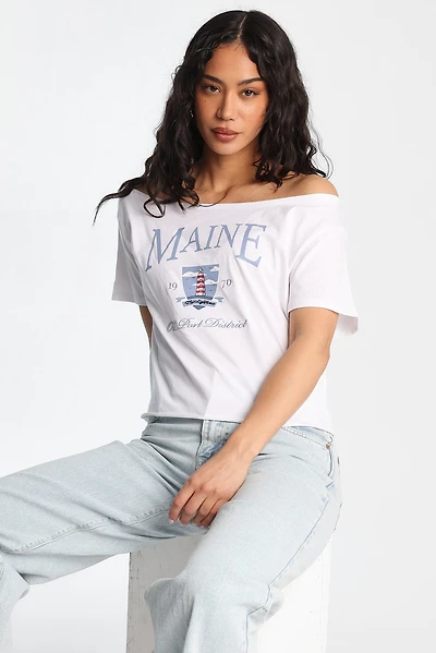 Maine Graphic Off-Shoulder Short Sleeve Tee
