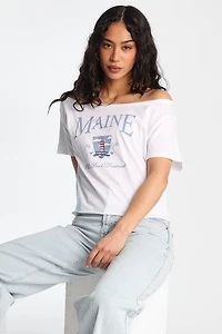 Maine Graphic Off-Shoulder Short Sleeve Tee