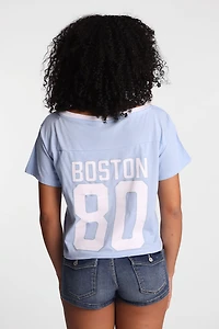 Graphic V-Neck Off-Shoulder Jersey Tee