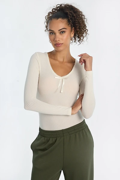 Ribbed Knit Long Sleeve V-Neck Bodysuit
