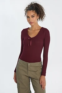 Ribbed Knit Long Sleeve V-Neck Bodysuit