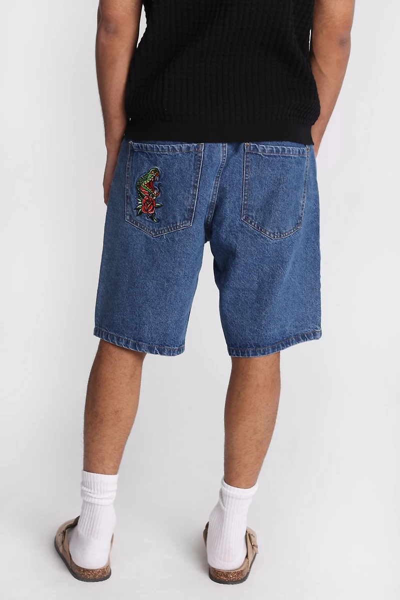Shorts en denim lâche à patch brodé serpent et fleur