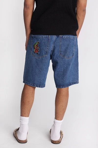 Shorts en denim lâche à patch brodé serpent et fleur
