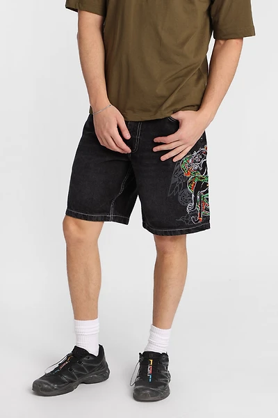Flaming Snake & Panther Embroidered Loose Denim Shorts