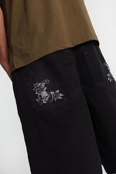 Roses Snake & Skull Embroidered Baggy Jorts